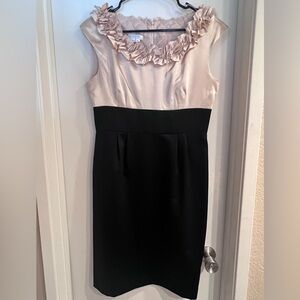 London Times Black and Cream Ruffled Mini Dress